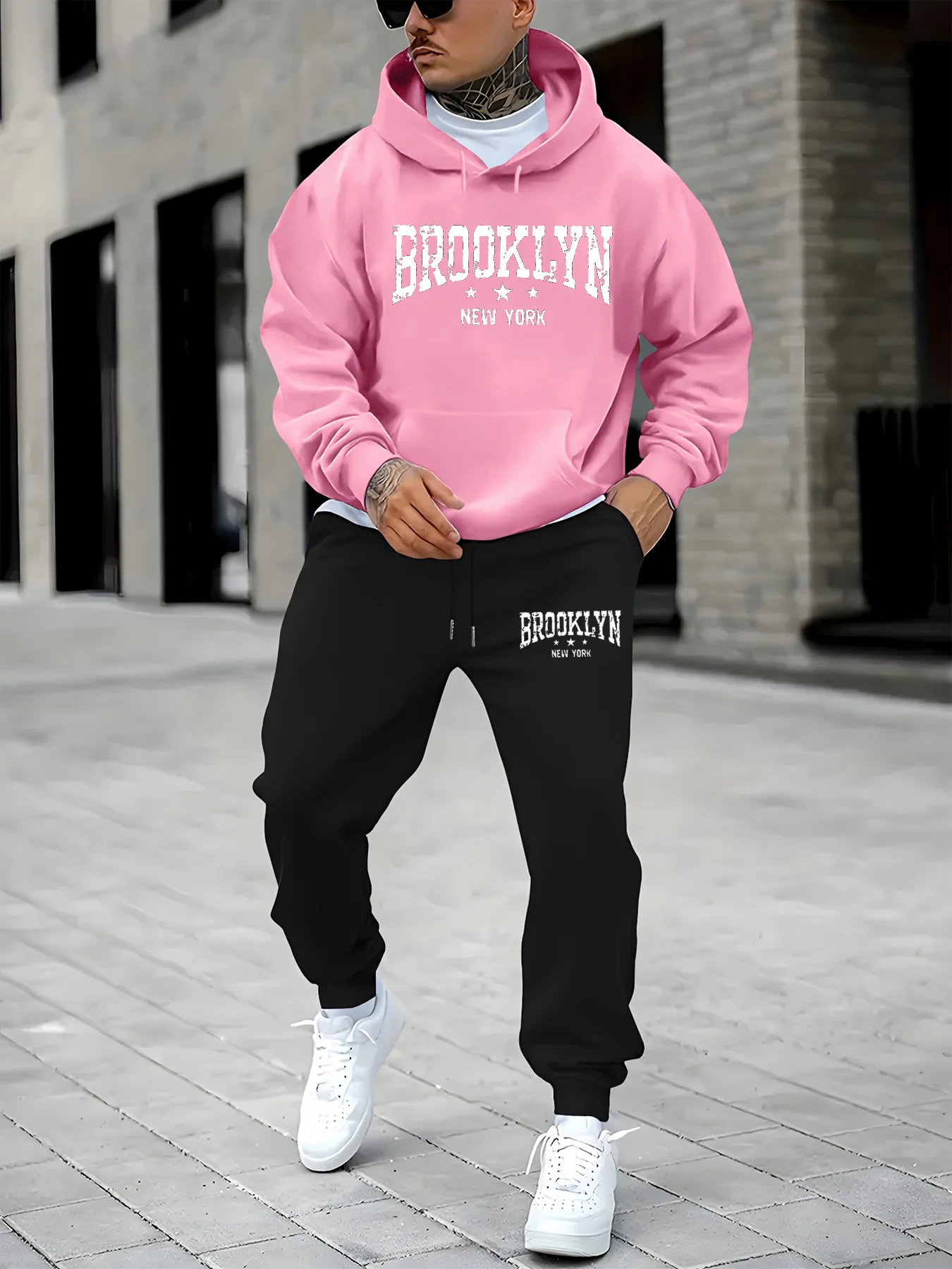 Heren Brooklyn New York bedrukt herfst/winter casual mode losse pluche dikke capuchon + joggingbroek set