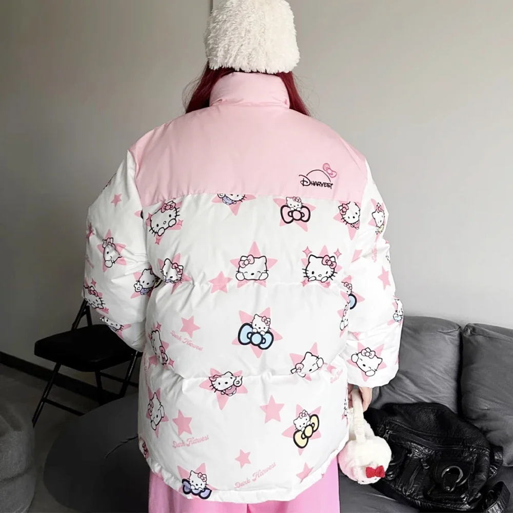 Sanrioed Hello Kitty Y2K Cotton Parkas Winter Harajuku Down Jackets Patchwork Loose Zipper Coat Casual Warm Jacket for Women