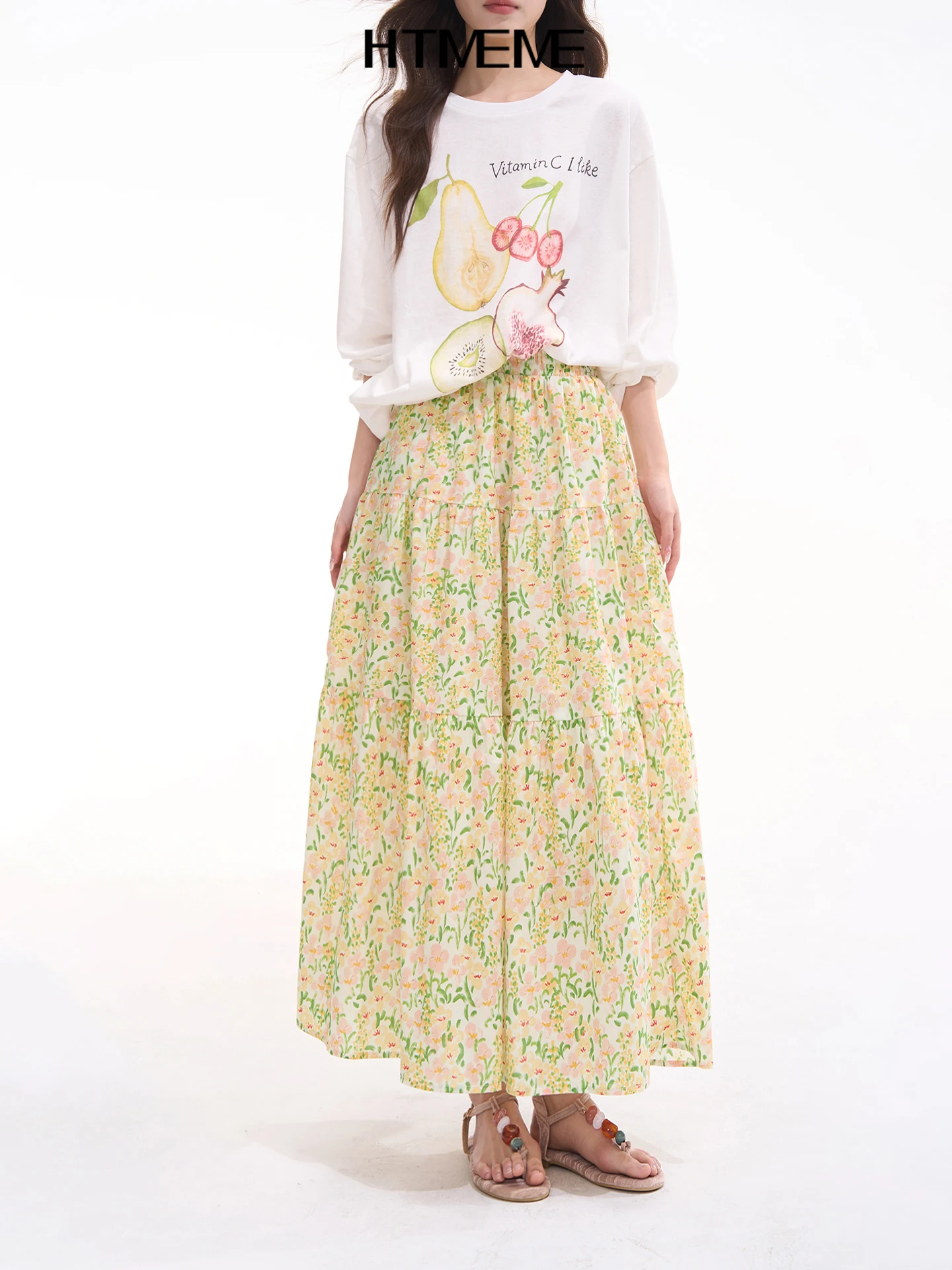 

Юбка А-силуэта с цветочным принтом, женская легкая весенняя хлопковая юбка с высокой талией в корейском стиле, юбка-полусолнце, юбка-тортик