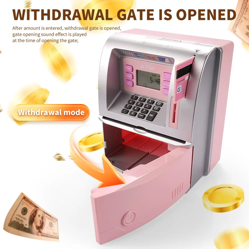 Hucha para niños, caja de almacenamiento de monedas ATM de simulación, bloqueo de contraseña de voz creativa para niños y niñas, caja de contraseña para contar juguetes, regalos