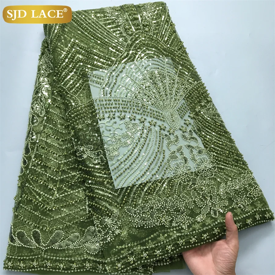 SJD LACE African Beads Mesh Lace Fabrics 2024 Latest Nigerian French Tulle Beaded Net Lace for Sewing Women Evening Dresses 4024