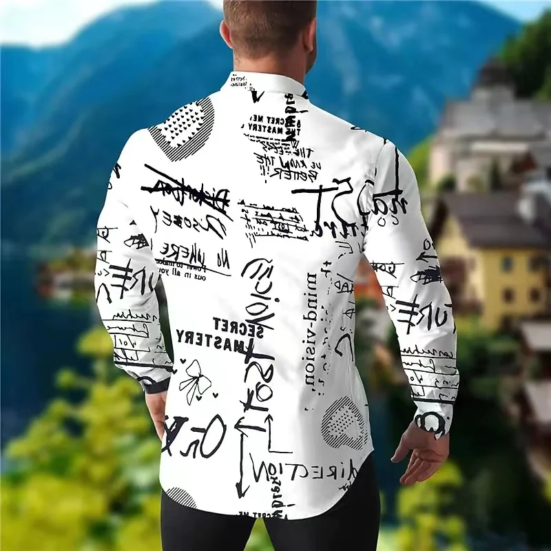 2023 Men's Long Sleeve White Black Letter Personalized Fashionable Soft Comfort Versatile Large Size Lapel Shirt