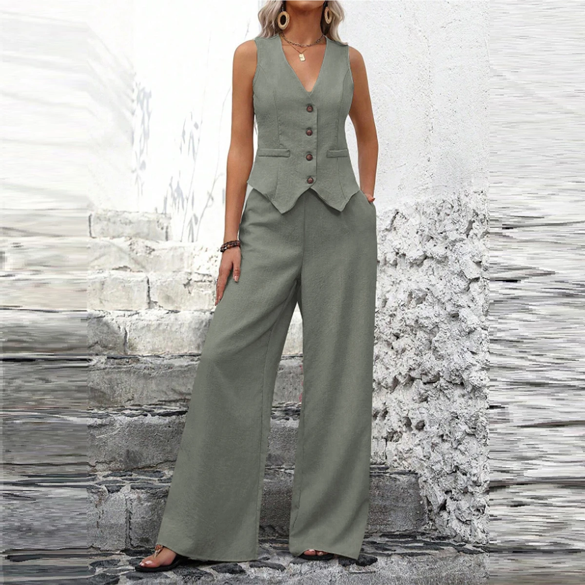 Summer Women 2 Piece Outfit V Neck Button Sleeveless Vest High Waist Wide Leg Pants Casual Matching Set Multi Colors