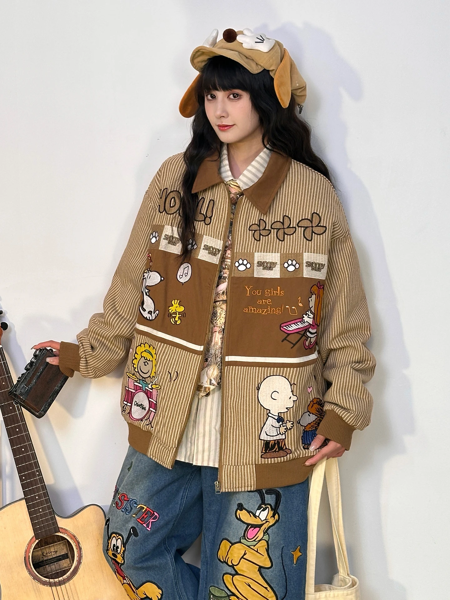 

Original American Retro Embroidered Striped Collar Jaet Cotton Casual Loose Women's Winter Thi Outerwear Coat