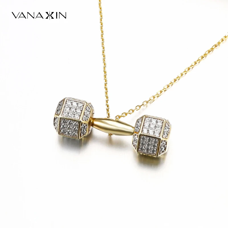 VANAXIN Fitness Dumbbell Barbell Necklace High Quality Gift For Men Women Hip Hop Iced Out Chain Pendant Jewelry