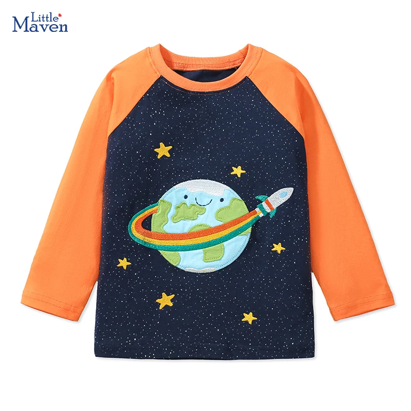 Little maven Novelty Children's Clothing 2024 Spring Autumn Baby Boy Cartoon Space Earth Sporty T-shirts Cotton Autumn Tops Tees