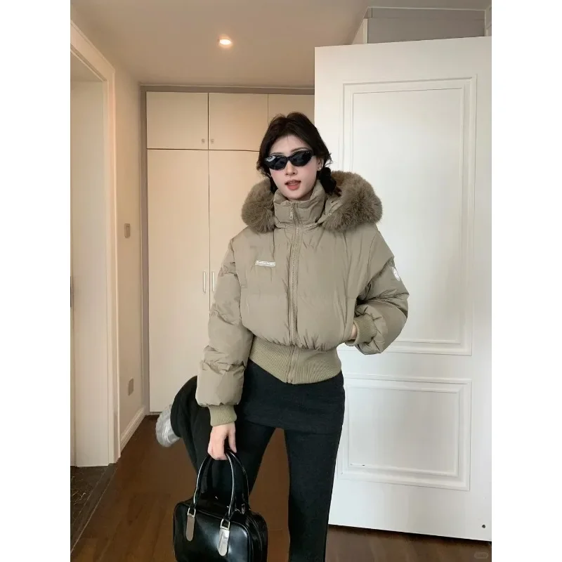 Feminino outono e inverno 2024 nova versão coreana spice girl gola de pele com capuz quente acolchoado jaqueta feminina resistência ao frio