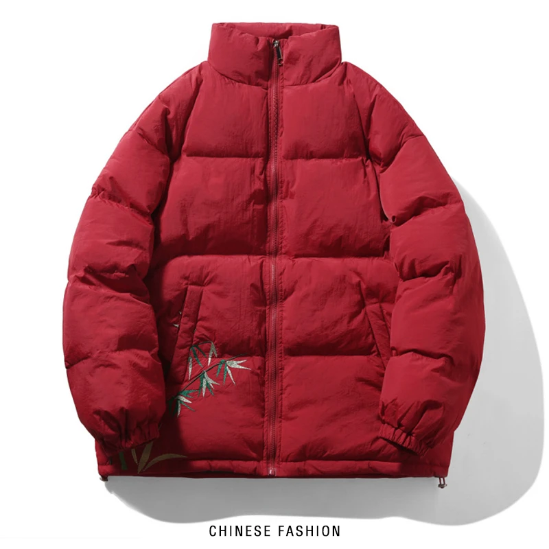 Men Winter Embroidery Parkas Jacket Women Chinese Bamboo Hipster Fashion Parkas Coat Thick Warm Loose Men Clothing Plus 5XL Red