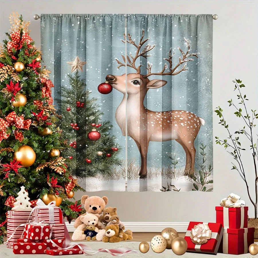 Christmas Forest Scene Curtain Window Drapes Festive Woodland Deer and Evergreen Tree Holiday Home Decor