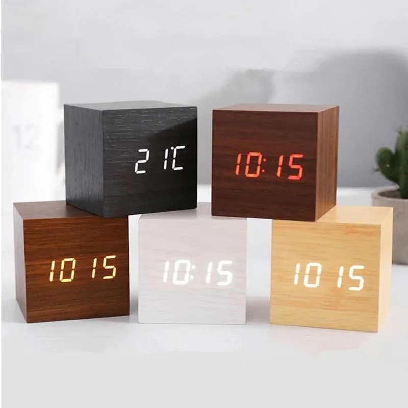 

Minimalist Digital Wooden Desk Clock, Electronic Alarm with Square Temperature Display, Modern Home Office Decor, Stylish