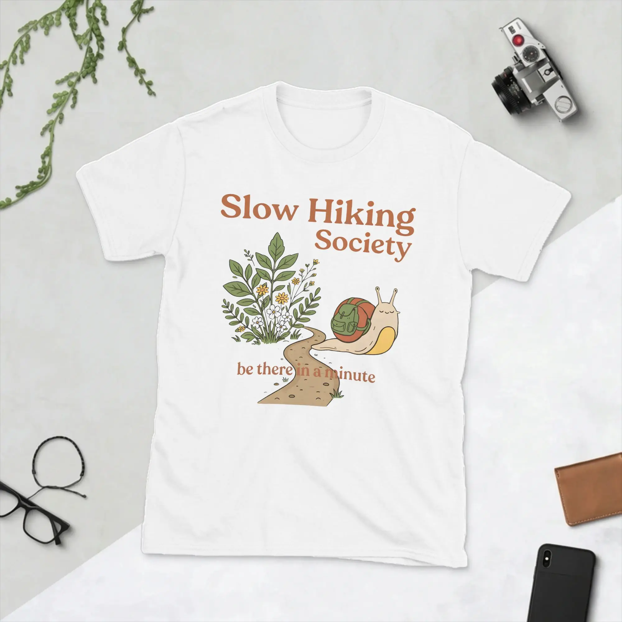 Slow Hiking Society Snail Backpack Nature Men's T Shirt  Novelty Tees Short Sleeve Round Collar T-Shirt Cotton Gift Idea Tops