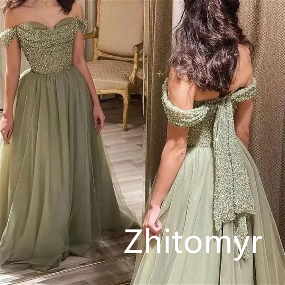 Customized Ball Elegant Sparkle Off-the-shoulder Gown Party Dresses Beading Paillette / Sequins Sweep/Brush Net/Tulle Evening
