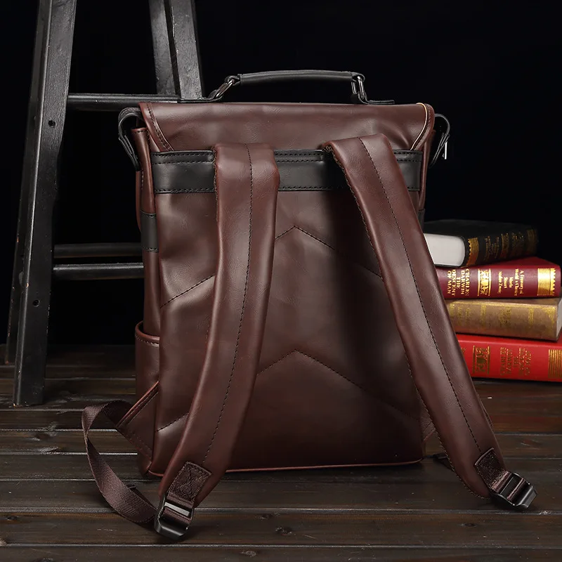 Retro PU leather men's backpack, simple flip cover lock, large capacity 14-inch computer storage portable travel backpack