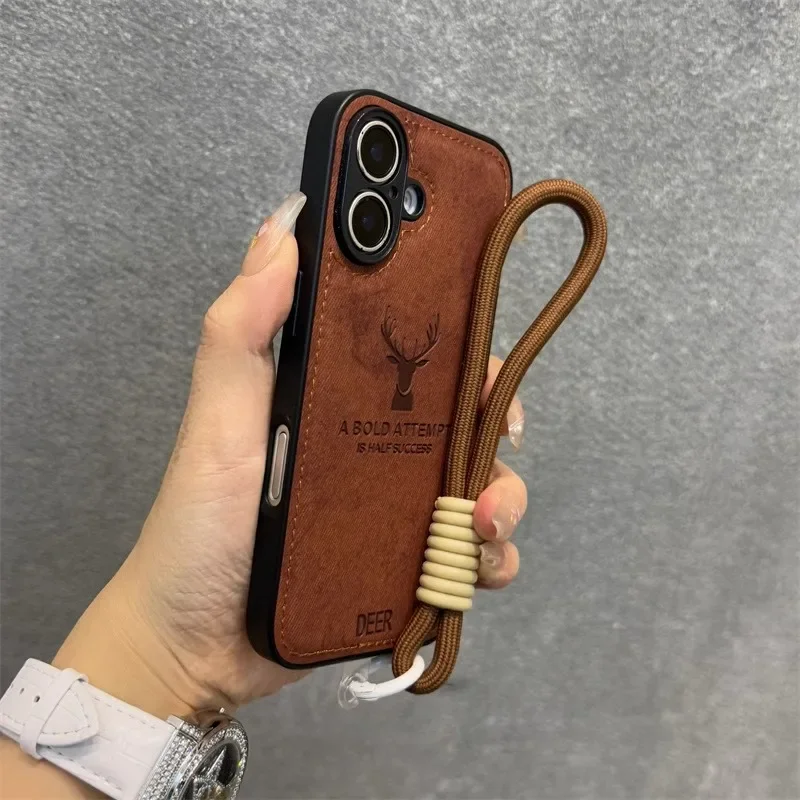 Luxury Cortex Deer Matte With Lanyard Phone Case For iPhone 11 12 13 14 15 16 Pro Max Plus X Xs Max XR Bumper Cases Back Cover