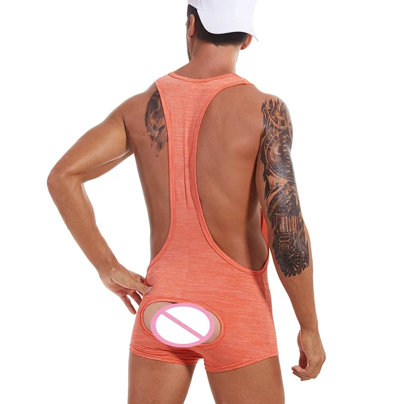 Sexy Men Bodysuit Wrestling Singlet One-Piece Leotard Undershirts Sleeveless Men Tank Tops Boxers Shorts Open Butt Gay Jumpsuits