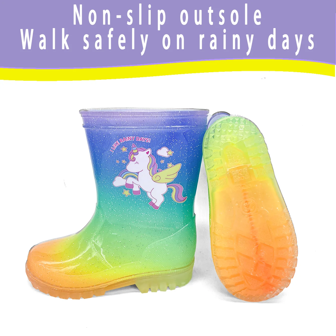 Chłopcy i dziewczęta Outdoor Cute Cartoon Unicorn Sequin PVC Rain Boots - wodoodporne, antypoślizgowe, odporne na zużycie, na każdą porę roku