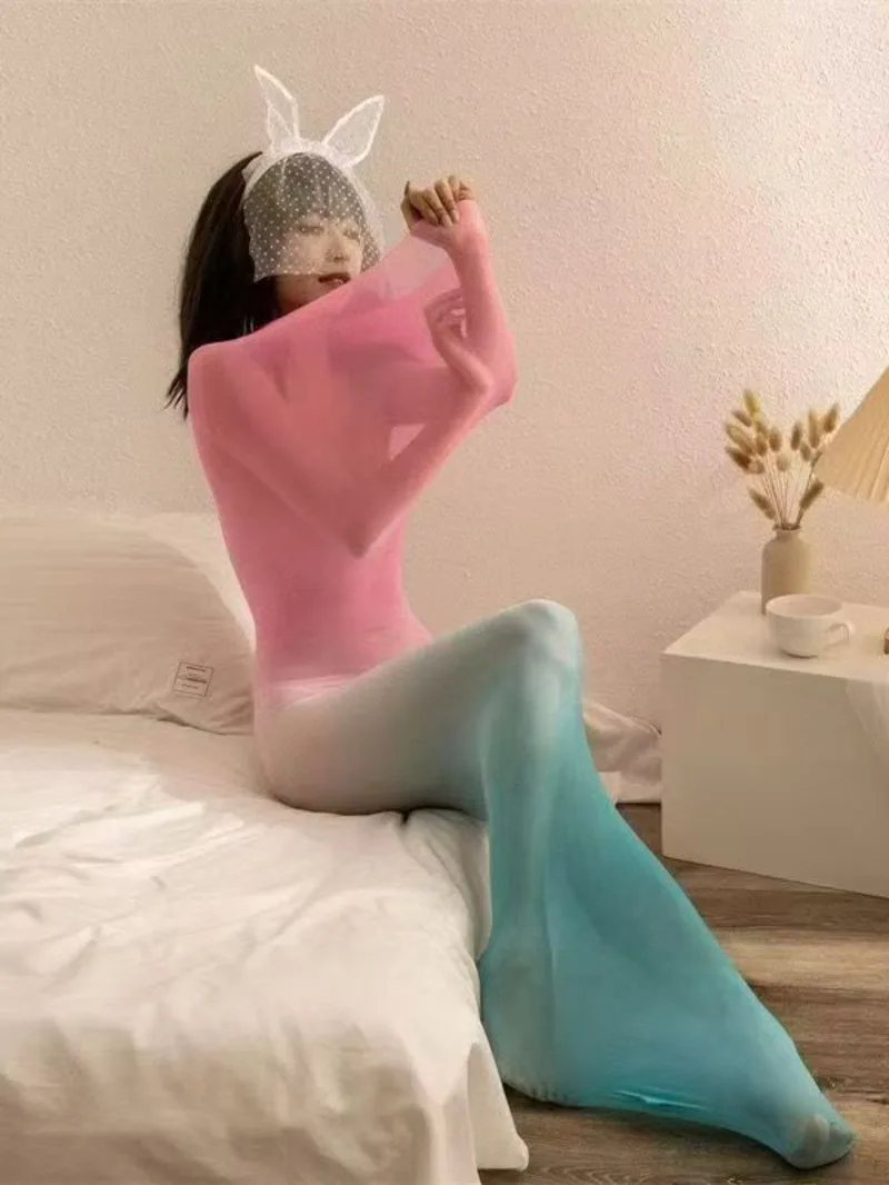 Pferd Öl Schlafsack Seidige Transparente Nahtlose Beschichtung Öl Glänzende Seidige Sexy Enge Frauen Strampler Kleidung Bodys P5GL