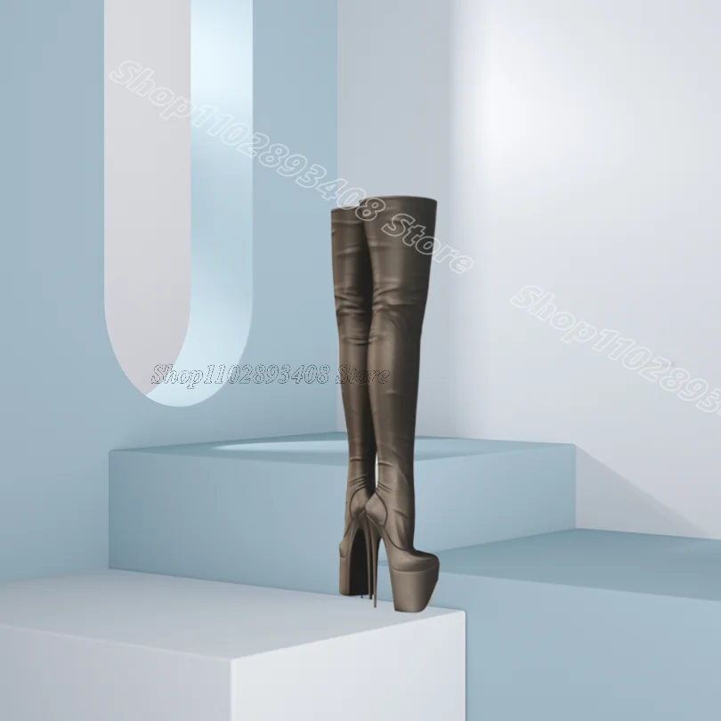 

Gray Platform Elastic Over Knee Boots Thin High Heels New Fashion British Style Casual Sexy Women Boots 2025 Zapatos Para Mujere