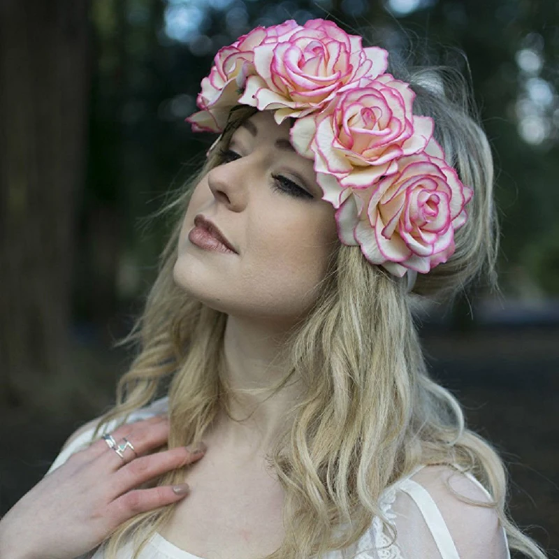 Diademas de Festival de corona de vacaciones de rosa, tocado de flores Hippie, flor de Rosa, diadema de Halo nupcial, accesorios de fotografía