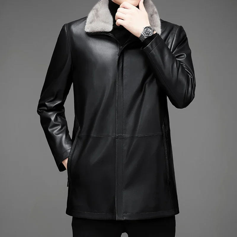 2024- New Men's Business British Style Solid Color Trend British Style Casual Fashion Lapel Sheepskin Jacket Leather Jacket