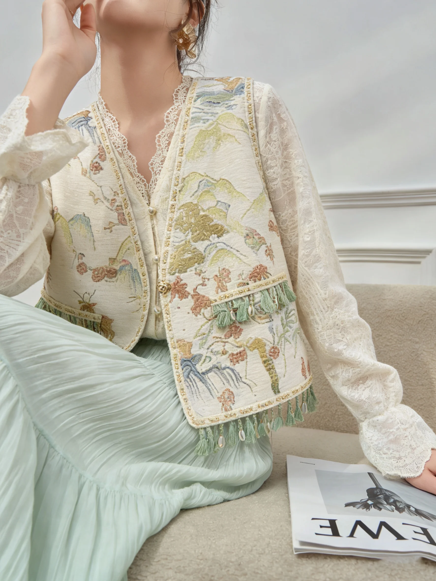 

2026 New Ethnic Style Floral Vest Green Skirt Set Women's Fashion Spring Outfit High Waist Loose Fit Button up Casual Wear