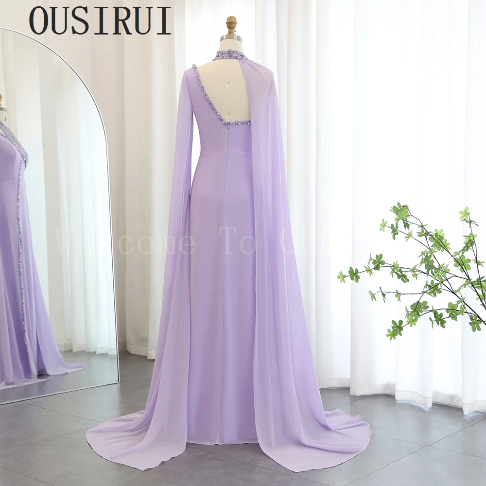 OUSIRUI Turquoise Chiffon Dubai Evening Dress with Cape Sleeves Fuchsia Lilac Arabic Women Wedding Party Gowns