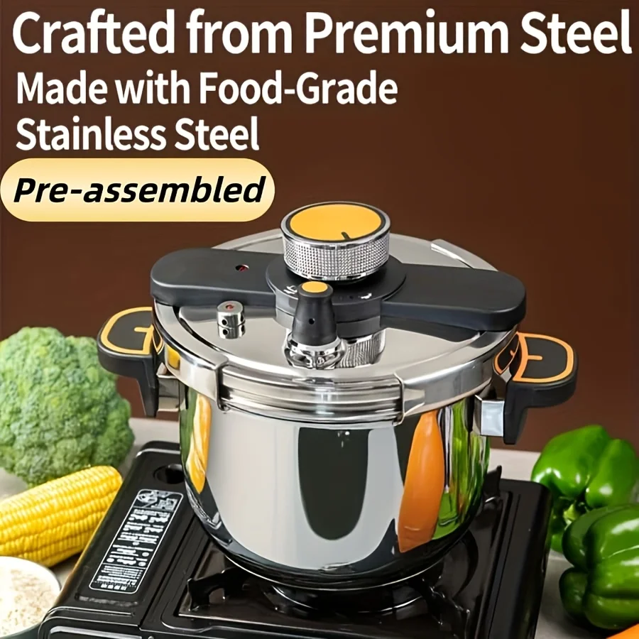 

Stainless Steel Pressure Cooker And Daily Stew Pot Available in 1.32gal, 1.59gal, And 2.11gal Sizes - Features a One-Twist Lock