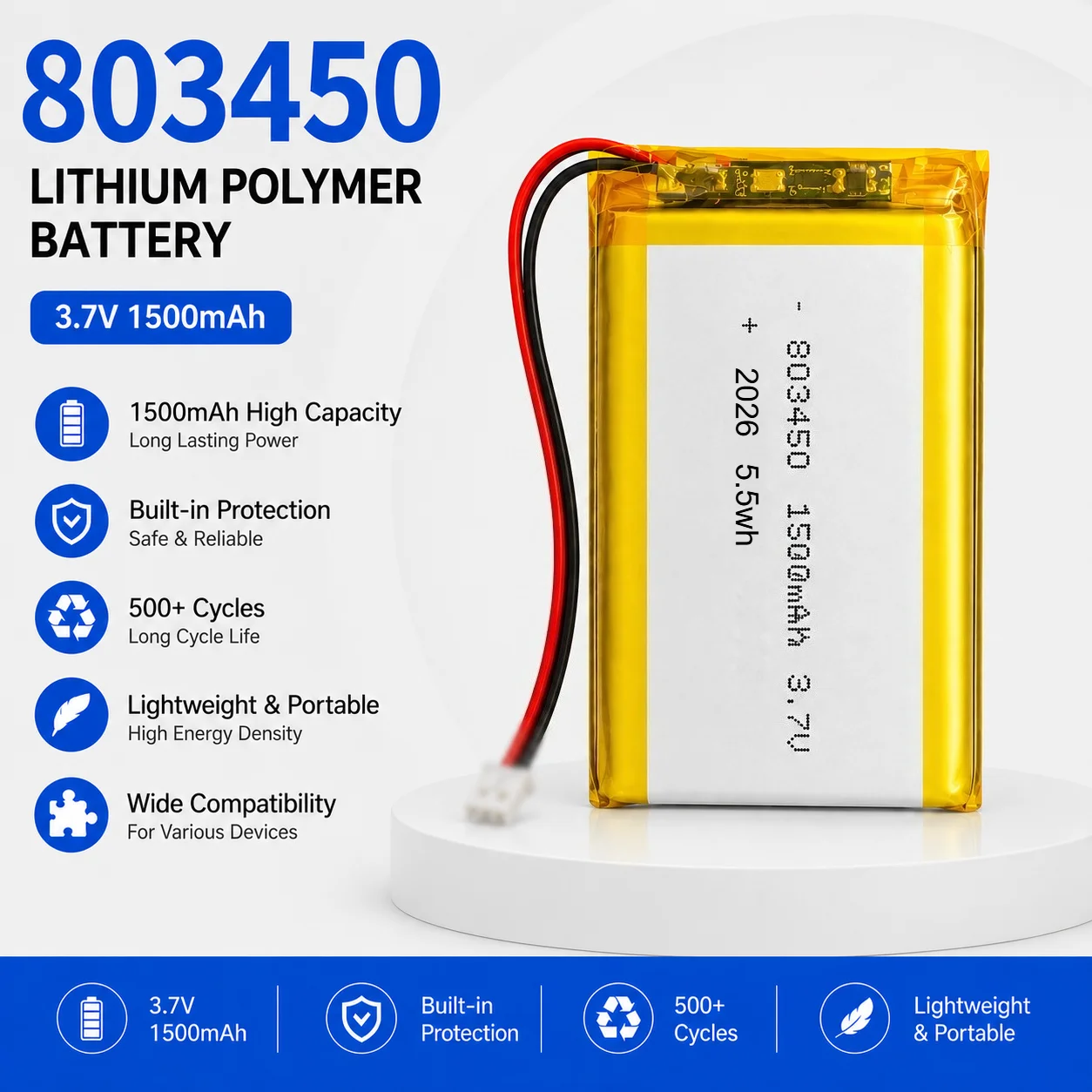 803450 3,7 V 1500 mAh LiPo-Akku, wiederaufladbarer Lithium-Polymer-Akku mit PH2.0-Stecker für GPS-Kamera, Bluetooth-Headset, MP5