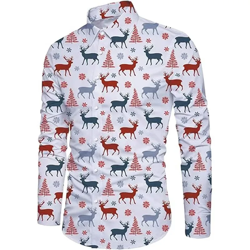 Mens Slim Fit Christmas Button Down Shirts 3D Print Novelty Festival Oversized Long Sleeve Xmas Shirts For Men Hawaii Blouse