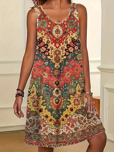 Imagen 1 del producto Vestido bohemio sin mangas con cuello redondo para mujer, ropa femenina hasta la rodilla, vestido Midi Floral informal, vestidos de verano para mujer