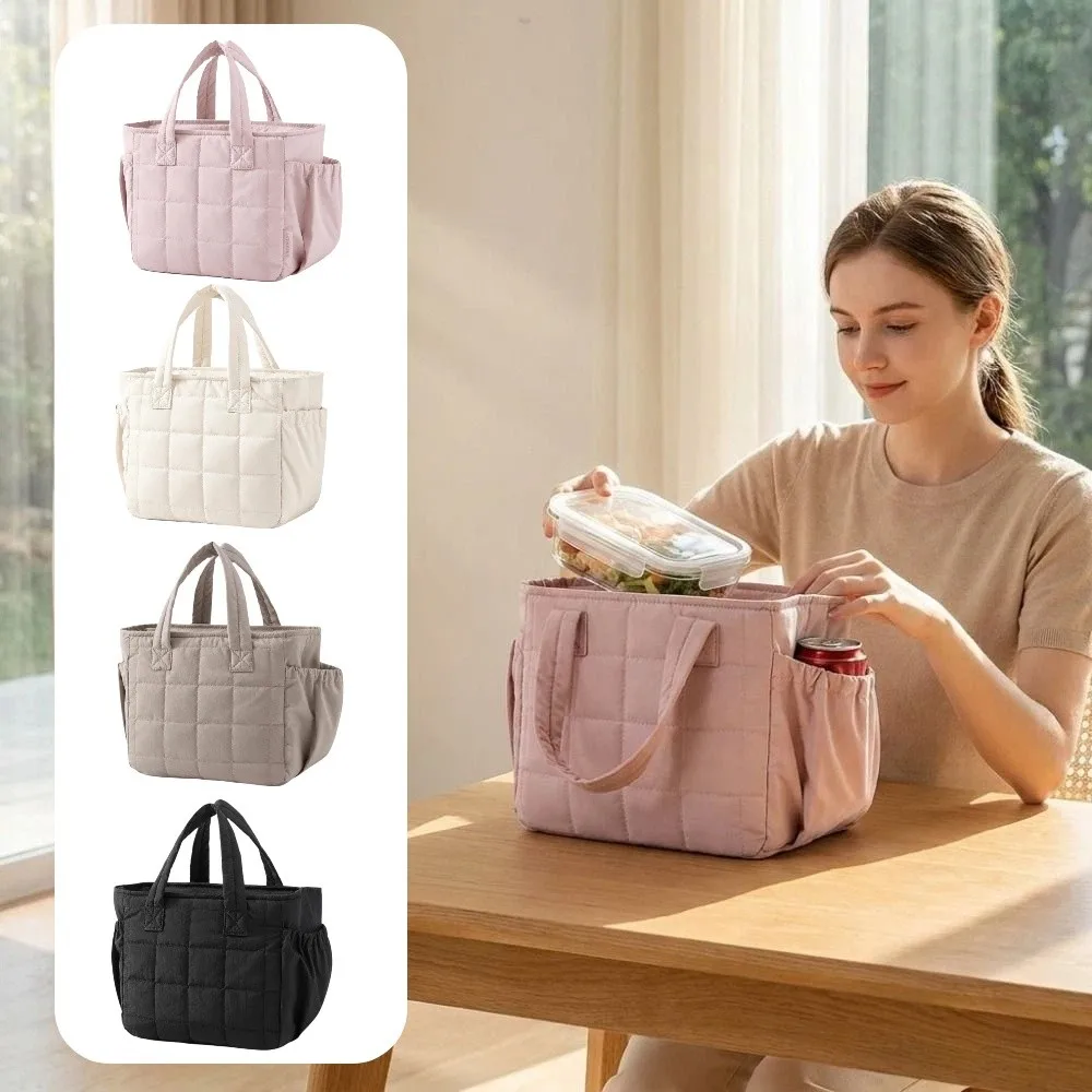 Multi-Purpose Solid Color Quilted Lunch Bag Portable Thickened Insulated Handbag Durable Large Capacity Food Thermal Box Travel
