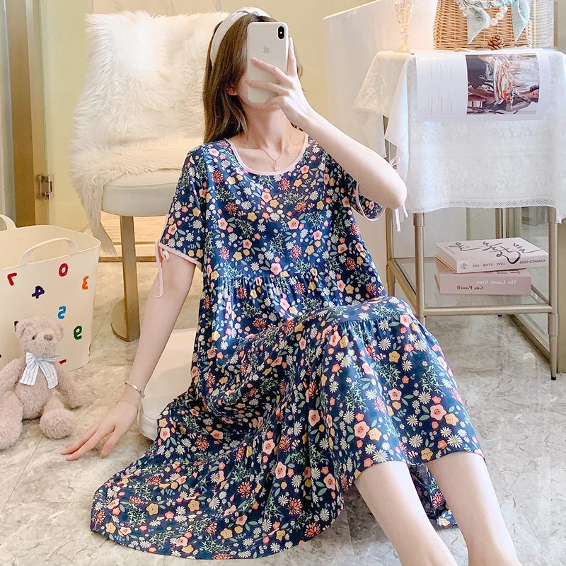 

Fdfklak Bohemian New Cotton Rayon Sleepwear Women Nightgowns Loose Short Sleeve Summer Nightdress Printed Ladie's Home Dresses