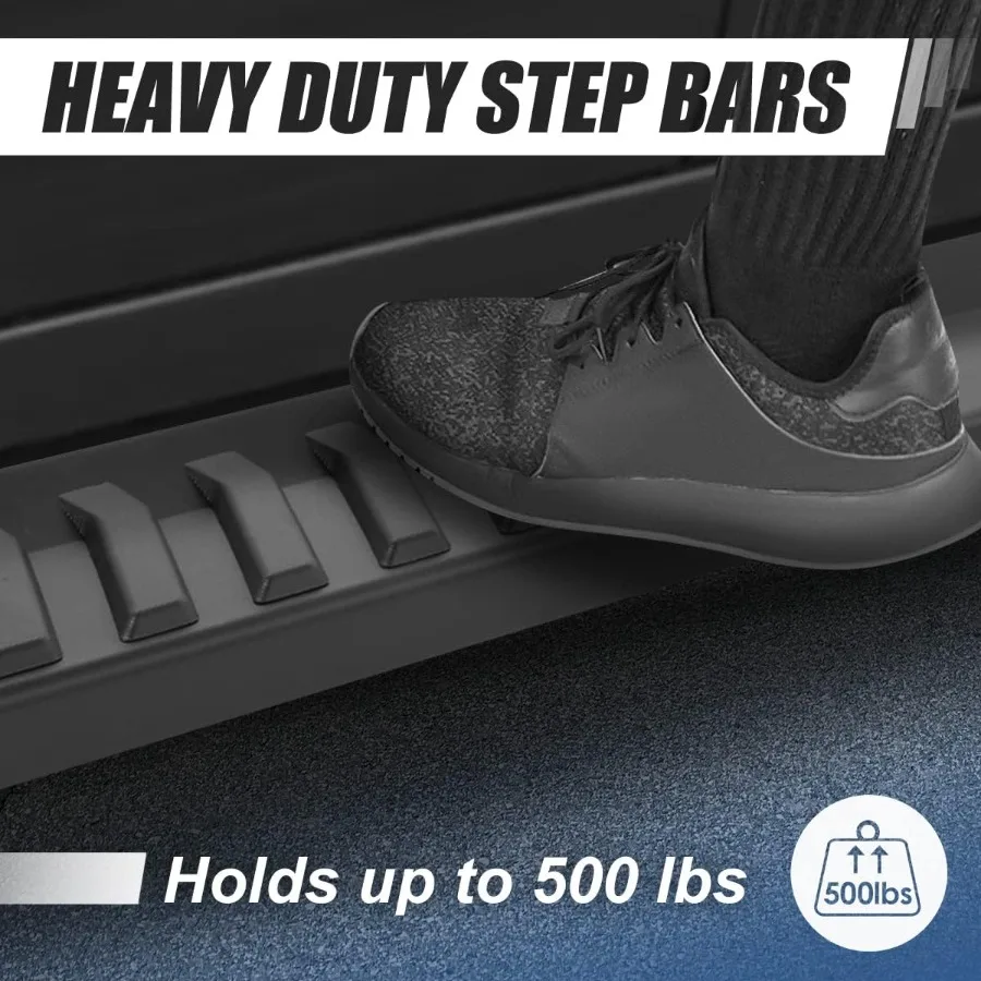 لوحات تشغيل بخطوات جانبية مقاس 6 بوصات مع دعامات تثبيت للوصول إلى شاحنة شديدة التحمل من الفولاذ المقاوم للصدأ مطلية بمسحوق أسود Nerf B