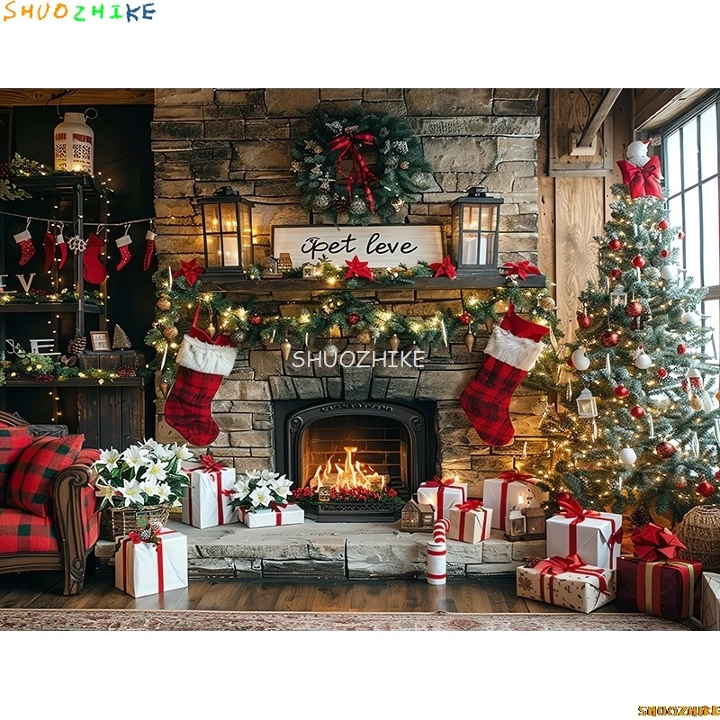 ギフトボックス付きクリスマスツリー,写真撮影の背景,冬の雪の装飾,木製のドア,暖炉,部屋の背景,アクセサリー,WR-11