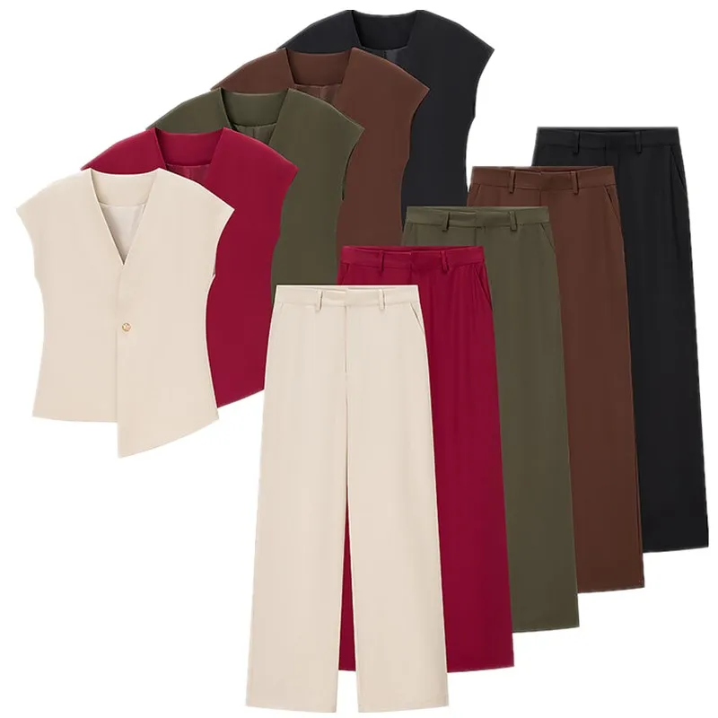 Summer 2025 Women's Faion V-ne-button Vest High Waist Long Pants Ensemble Ele Versatile ort Sve Button-Up Top