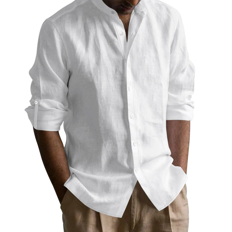 

Men's Hawaiian-style cotton and linen breathable Henry collar casual long-sleeved shirt