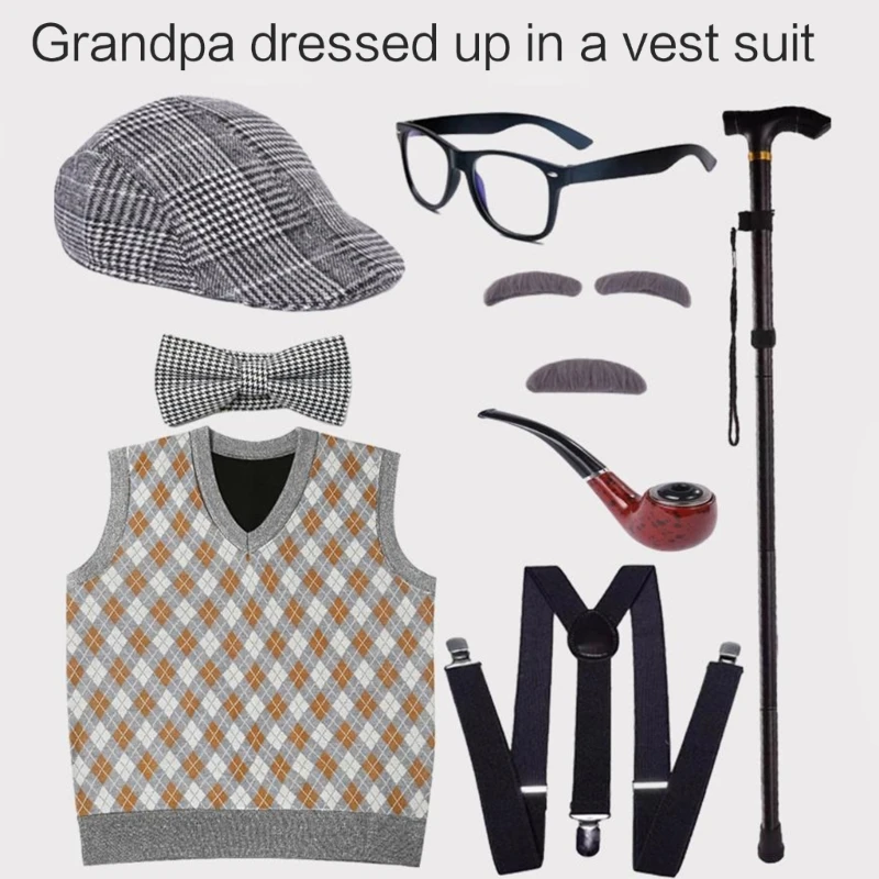 Old Man Costume for Kids 100 Days of School Costume for Boys with Old Man Hat Old Person Glasses Costume Cane Vest Set