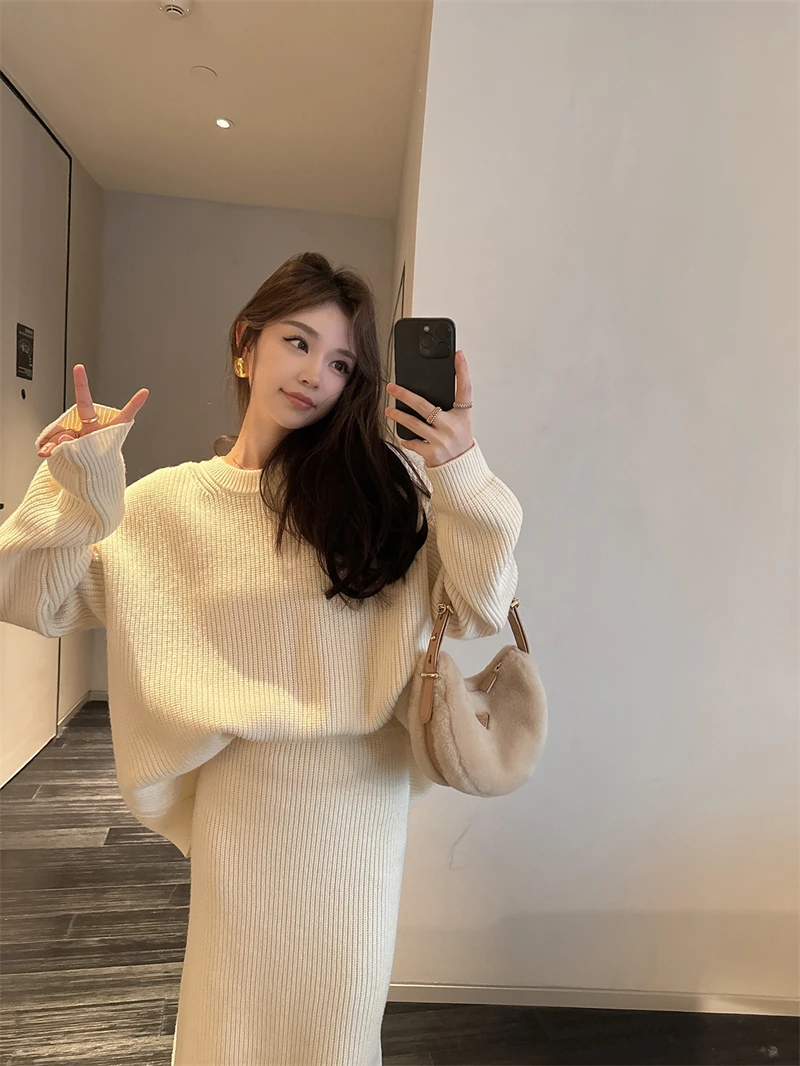 Women Autumn Winter New Two Pieces Set Casual Loose Soft Pullover Sweater Tracksuit High Waist Knitted Skirt Women Clothing N126