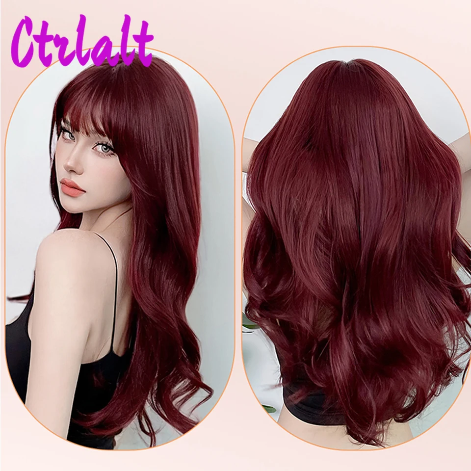 Peluca de pelo ondulado Natural largo sintético rojo para mujer, peluca esponjosa de Cosplay de Lolita resistente al calor con flequillo para uso diario o Halloween