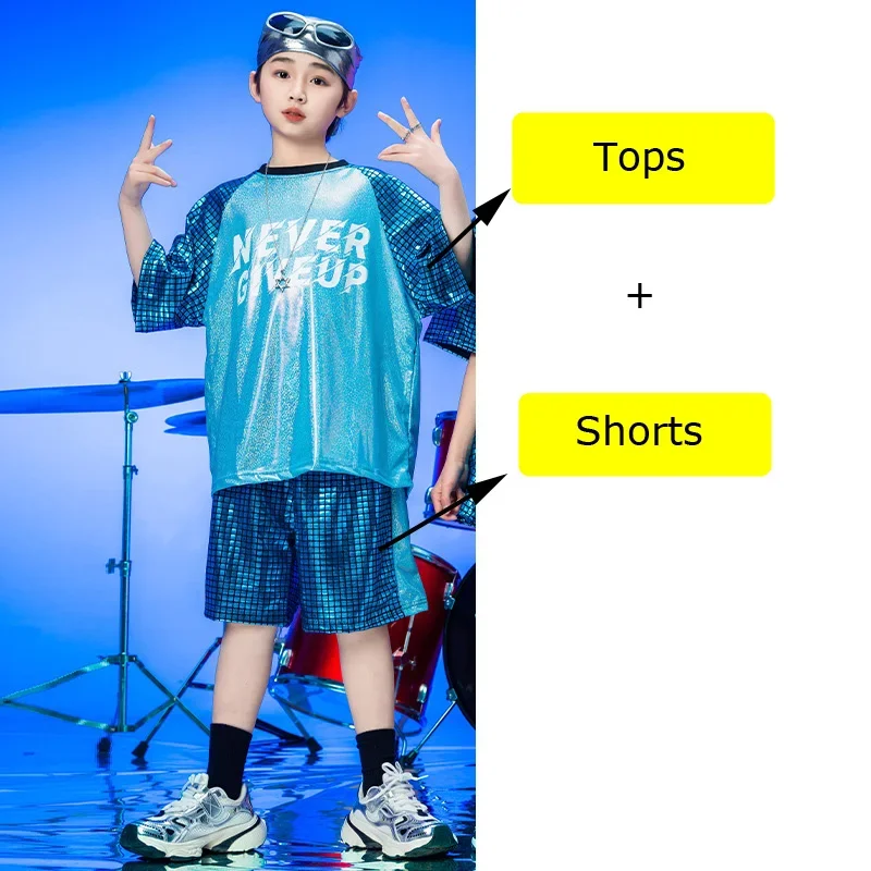 Mädchen Pailletten Hip Hop Kostüm Blau Tops Pailletten Glänzende Shorts für Jungen Kinder Jazz Kleidung Street Dance Bühne Sets