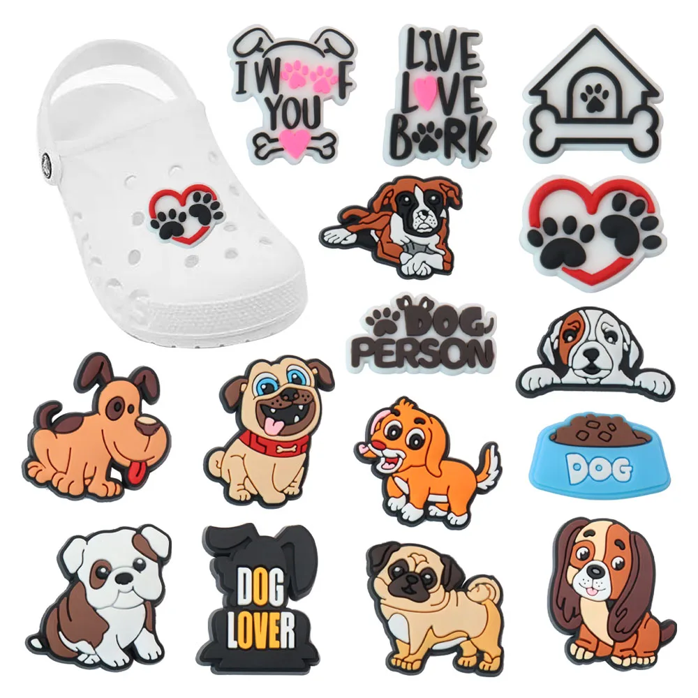 Hot Sale 1-15pcs PVC Shoe Charms Animal Cute Dog Pekingese Doghouse Accessories DIY Shoes Decorations For Kids X-mas Gift