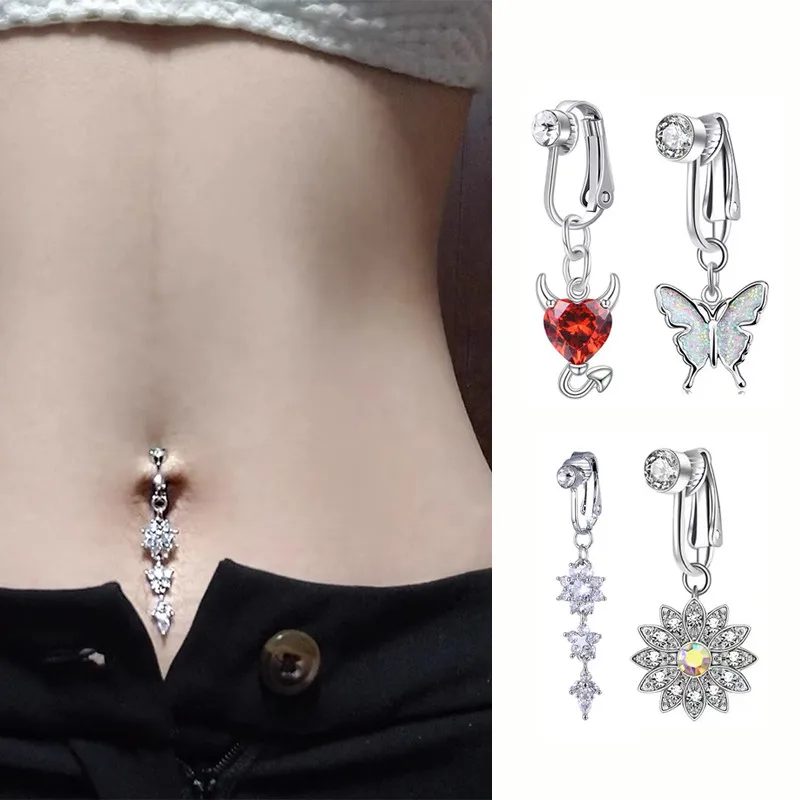 Fake Belly Piercing Navel clip Flower Butterfly Dangling Fake Belly Button Pircing Clip On Umbilical Navel Cartilage Earrings