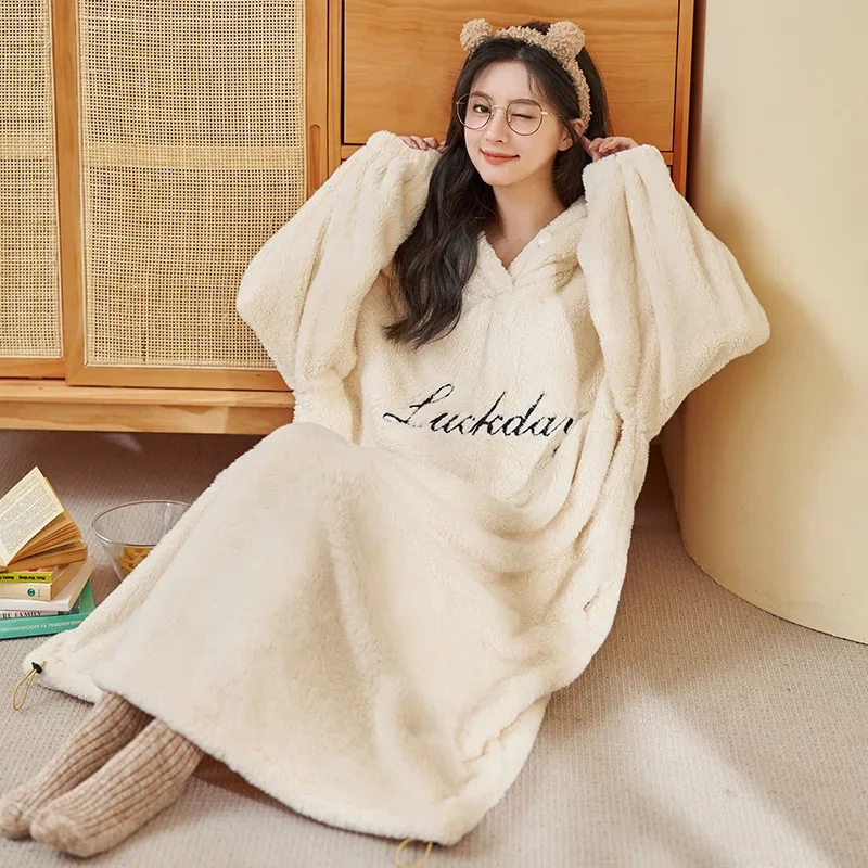 Coral Velvet Pajama Dress for Women 2023 Winter Plush Flannel Warm Soft Homewear Hooded Nightdress Leisure Solid Nightgowns