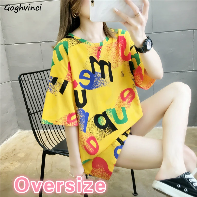 T-shirts Short Sleeve Letter Printed Chic Tees Loose All-match 2XL Hip-hop Colorful Summer Design Korean Style Streetwear New