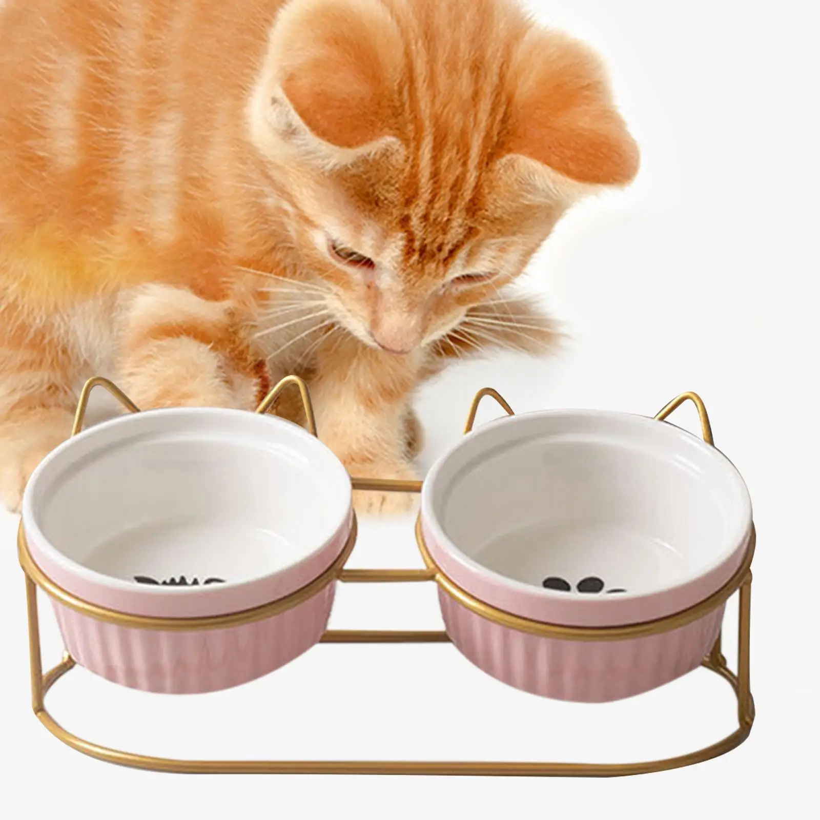 Cute Cat Bowls Raised Stand Neck Guard Stand with Metal Raised Stand Retro Double Cat Bowls for Pet Ceramic Bowl Cat Dishes
