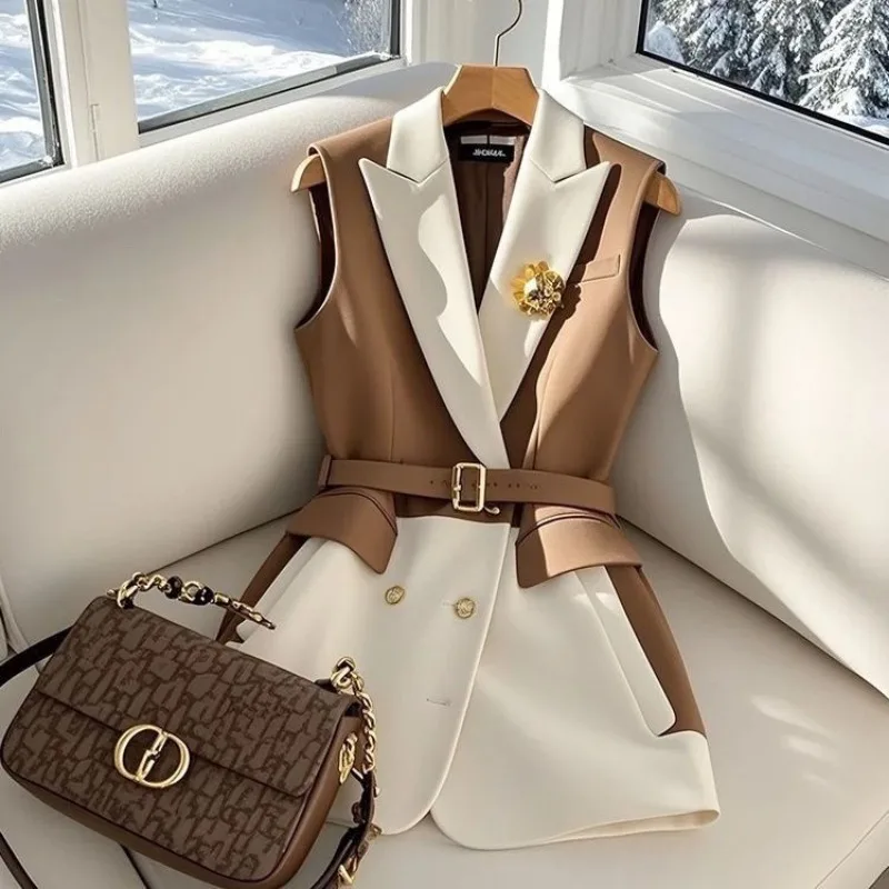

New High End Autumn Women's Vest Jacket Fashion Contrast Color Lapel Sleeveless Slim Splicing Elegant Coat Office Lady Outwear