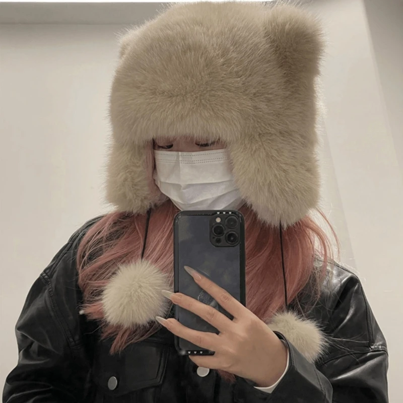 ผู้หญิงหัวห่อ Thicken Furry หมีหมวกสำหรับปีนเขาเล่นสกีกีฬา Headwear Dropship