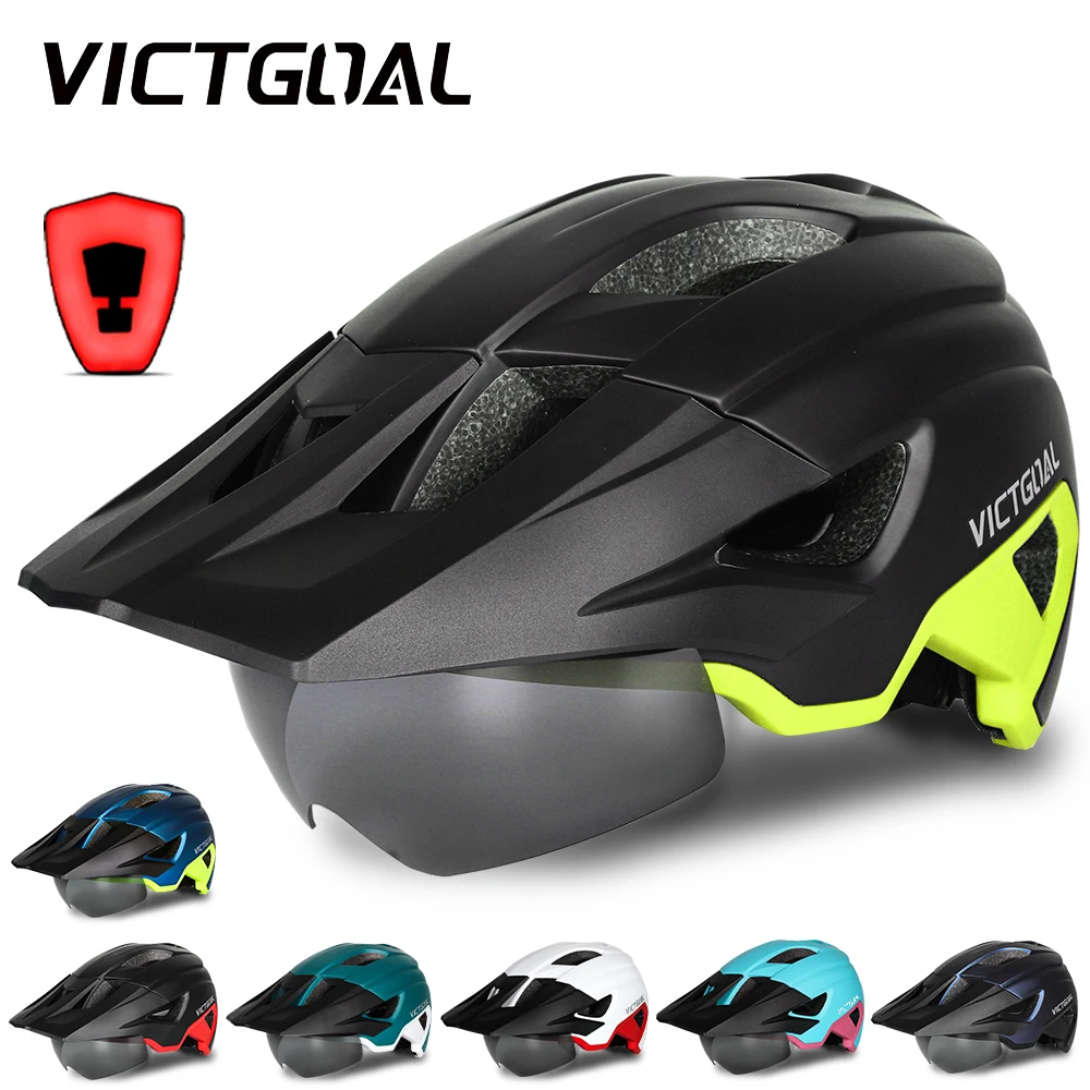 VICTGOAL LED Bike Helmet With Sun Goggle Visor Rechargeable LED Men Bicycle Helmet Sunglasses Shield Road MTB Cycling Helmets