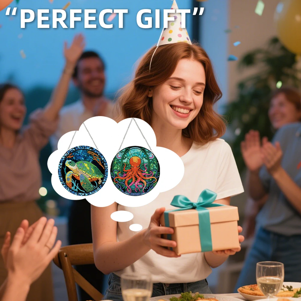 

2pcs Octopus Theme 2D Flat DIY Diamond Art Pendant Decor for Home & Windows