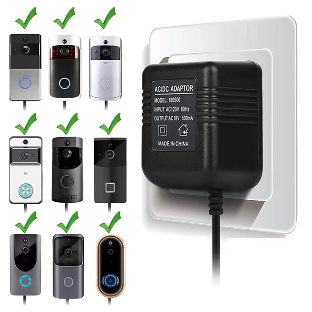 18V 500mA Power Supply Charging Adapter Charger for Video Ring Doorbell Transformer 5M/8M/10M AC100-240V UK/EU/AU/US Plug